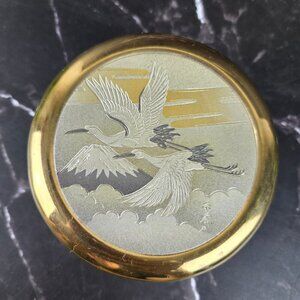 Chokin Flying Cranes Mountain Trinket Box Cream Porcelain Base 24KT Gold Trim